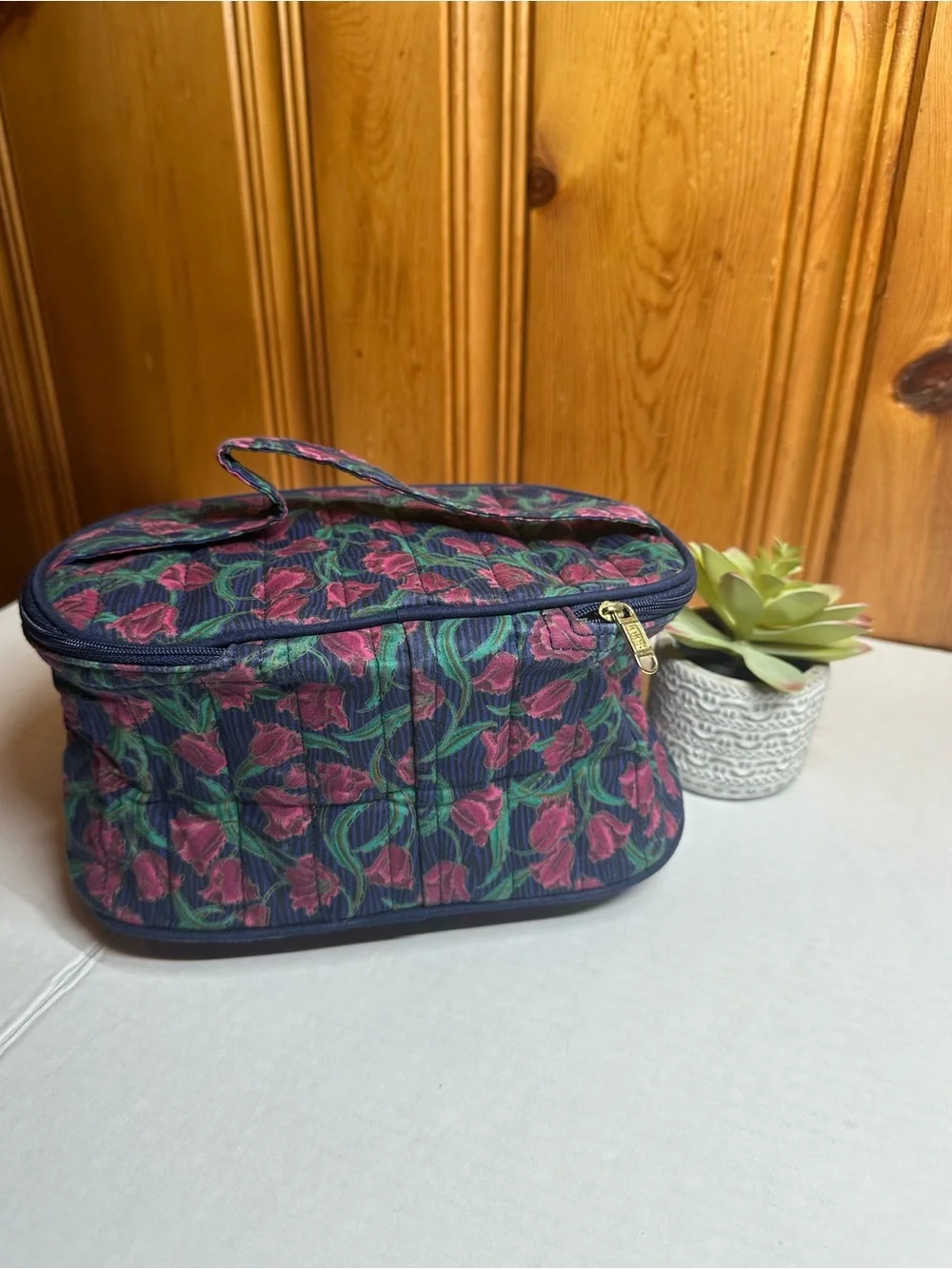 totes Quilted Floral Cosmetic Bag - Navy with Pink Flowers